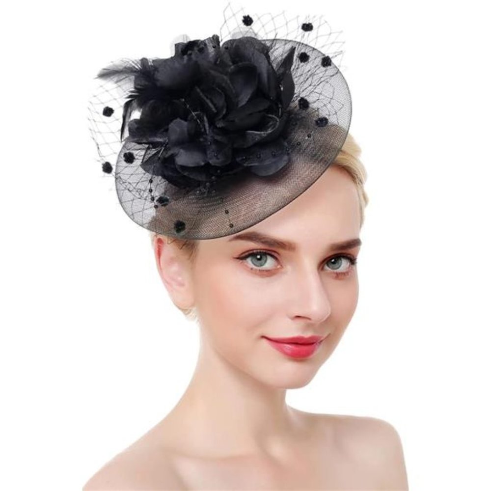 Fascinators Hat Flower Hat with Veil Black